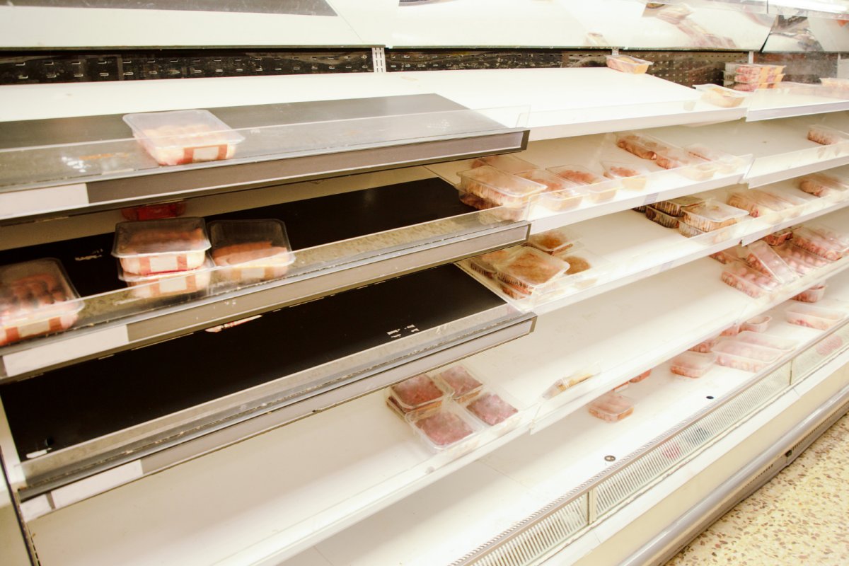Large UK supermarket selling out of food down the meat aisle. Copyright: jayfish | istock
