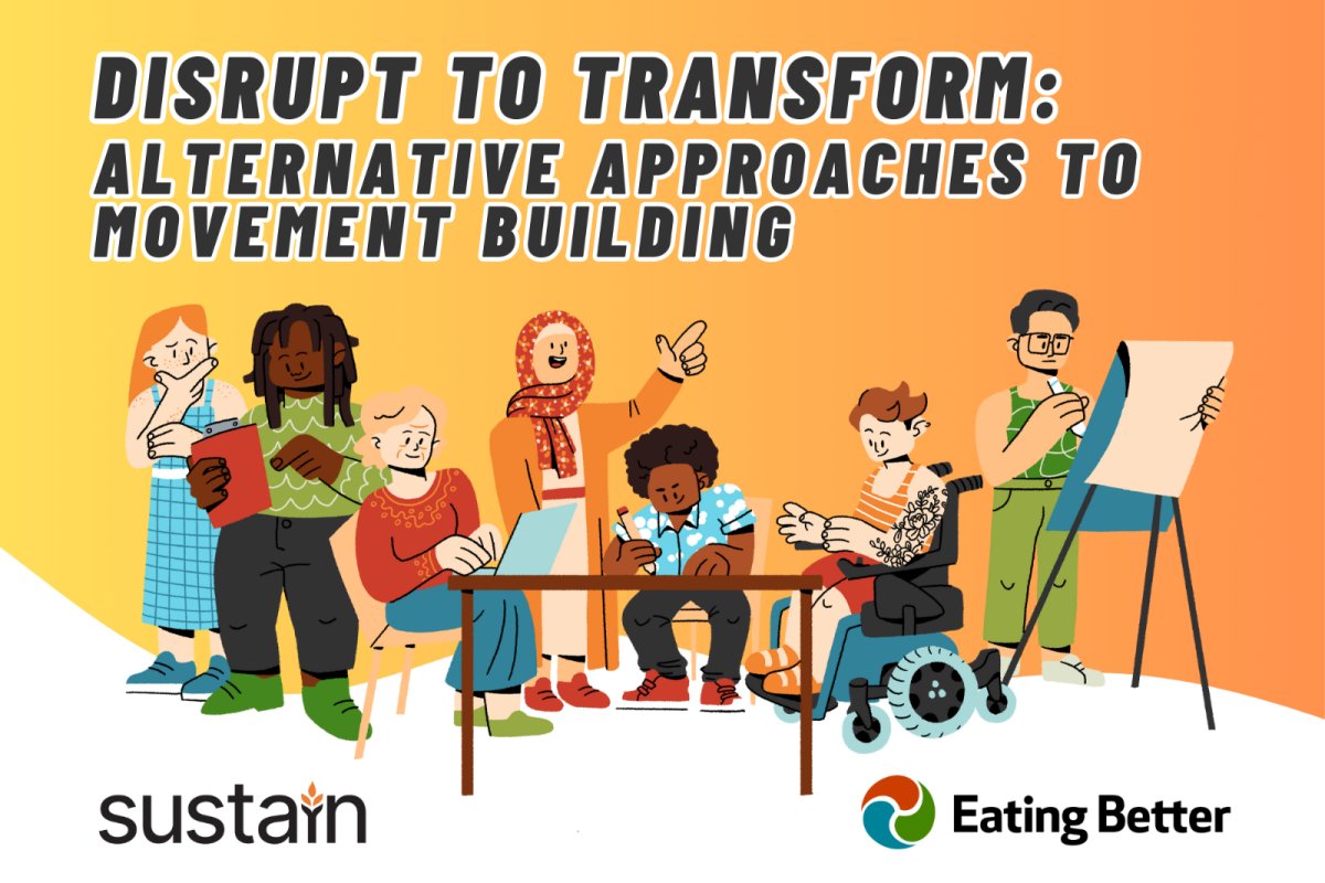 Illustrated group of diverse campaigners around a table and a fil chart. Credit: Eating Better
