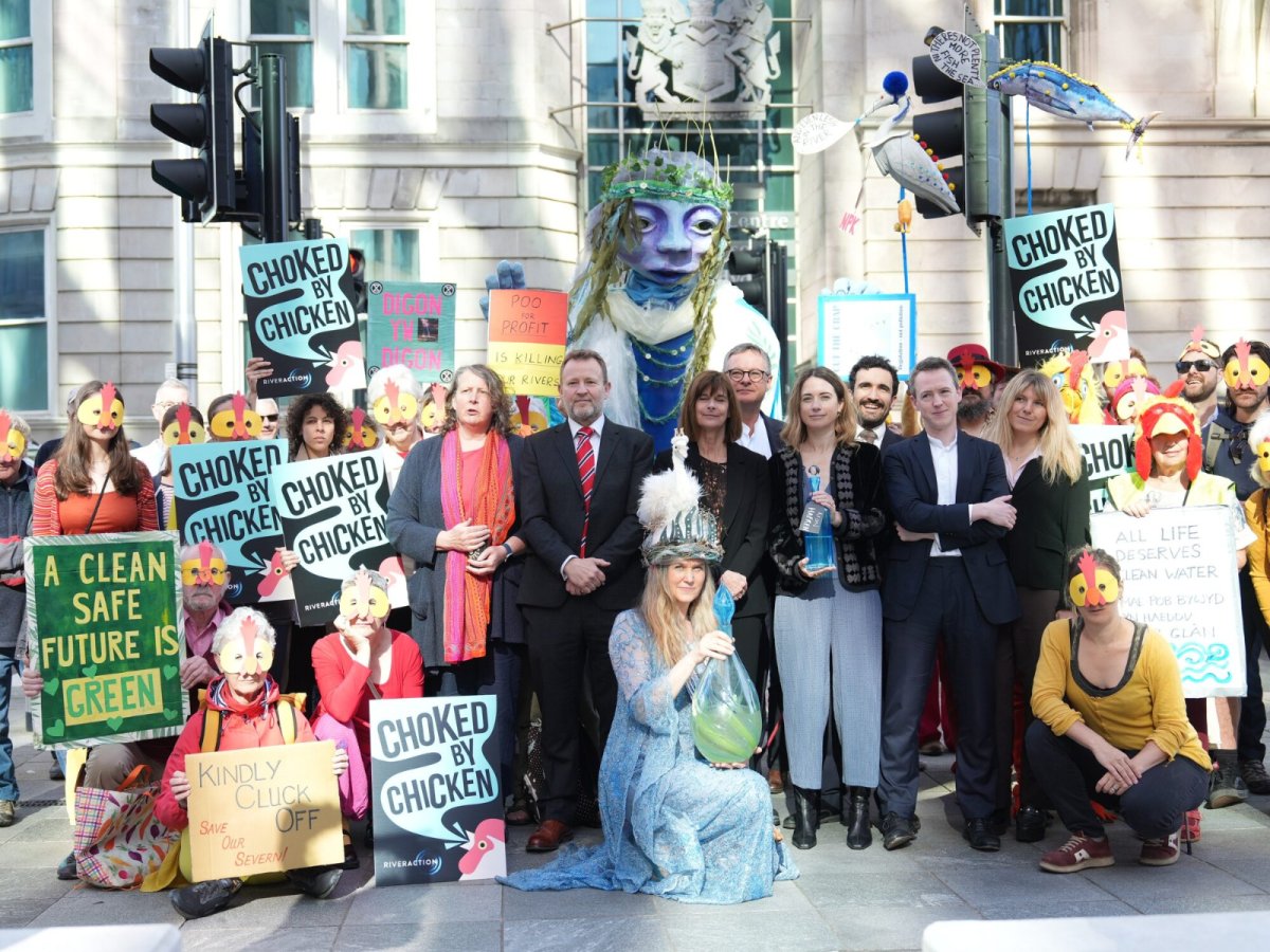 Alison Caffyn, Leigh Day lawyers and campaigners pose with "choked by chicken" placards outside Cardiff High Court. Credit: River Action