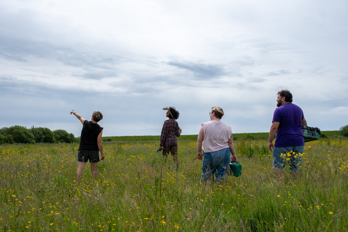 A group of people in a field looking to the sky. Credit: Teasel Coop | Phoebe Davies | Culture Roots Collective