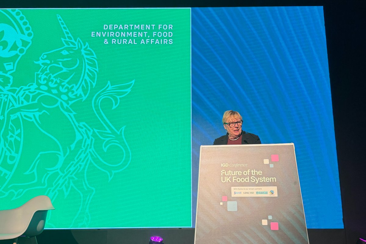 Dame Angela Eagle speaking at the IGD Future of Food Conference. Copyright: Sustain 2026