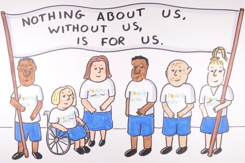 Nothing about us without us illustration, courtesy of Poverty Truth Network. Credit: Poverty Truth Network