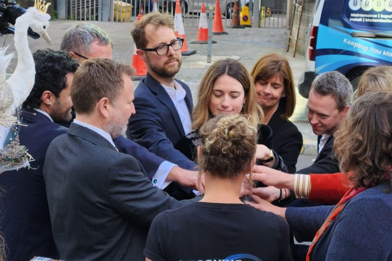 The legal team receiving a blessing in a ceremony led by Vey Straker as Lady Wye and Kim Kaos as Goddess of the Severn. Credit: River Action