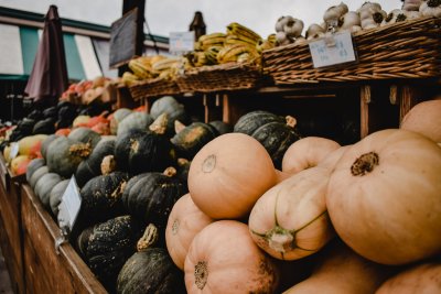 Squash and pumpkins on a market stall. Credit: Eva Bronzini Pexels