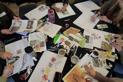 Participants collaging at a workshop on collective care and solidarity. Credit: Sareta Puri | Sustain