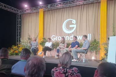 Kath Dalmeny, Chief Executive, Sustain (left) speaking at the Big Top at Groundswell 2025. Credit: Sustain