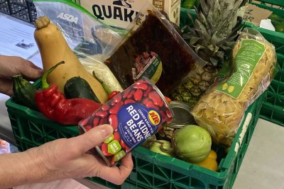 A basket of food from Stafford Hall Food Pantry. Credit: Talula Noor 