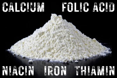 The five mandatory additions to most non-wholemeal wheat flour sold in the UK. Credit: www.realbreadcampaign.org CC-BY-NC-SA-4.0