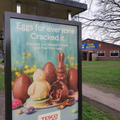 Chocolate easter egg advert on a bus stop in York. Credit: Fiona Phillips