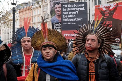London, UK. 14 November 2019. Indigenous leaders from Brazil protesting outside the Embassy to demand end to destruction of lands and people. Part of “Indigenous Blood: Not a Single Drop More” advocacy. Copyright: Wandering views | shutterstoc