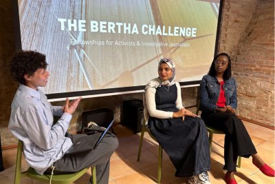 Lily O'Mara hosts discussion at the 2026 International Journalism Festival with Bertha Challenge Fellows Eman Mounir and Cynthia Gichiri. Credit: Lily O'Mara