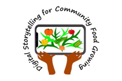 Logo of the Digital Storytelling for Community Food Growing online course. Copyright: The Open University