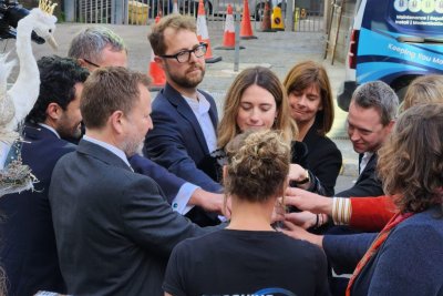 The legal team receiving a blessing in a ceremony led by Vey Straker as Lady Wye and Kim Kaos as Goddess of the Severn. Credit: River Action