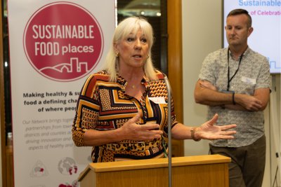 Derby North MP Amanda Soloway with Paul Brookhouse, from Derby's Food 4 Thought Alliance, at the Sustainable Food Places Network event at the Houses of Parliament. Credit: Jonathan Goldberg