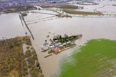 Aerial shot of the flooded town of Allerton Bywater, Yorkshire. Copyright: LD Media UK | shutterstock