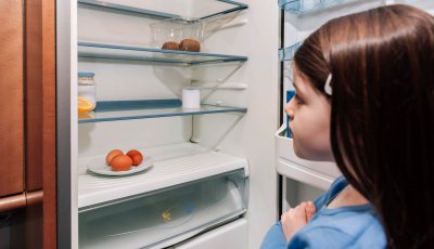 Girl looking at the almost empty fridge. Copyright: David Pereiras | shutterstock