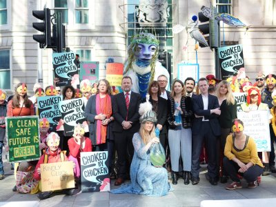 Alison Caffyn, Leigh Day lawyers and campaigners pose with "choked by chicken" placards outside Cardiff High Court. Credit: River Action
