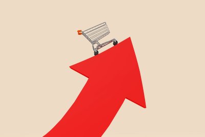 Red arrow going up with shopping trolley on it. Copyright: Ink Drop | shutterstock