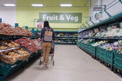 Fruit and veg is seen in an aisle of a UK supermarket.. Copyright: 1000 Words | shutterstock