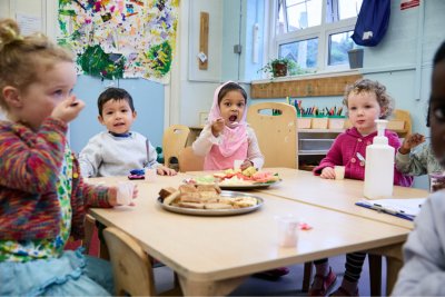 Children eating breakfast at a nursery school in Southwark.. Credit: Shareen Akhtar