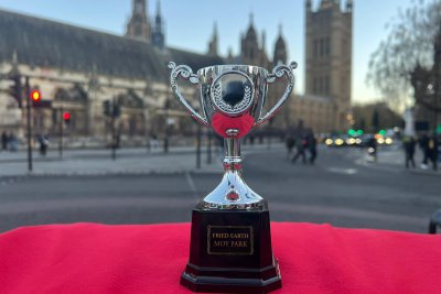 Moy Park's 'Fried Earth' Chicken Out Award outside the House of Commons. Credit: Lily O'Mara | Sustain
