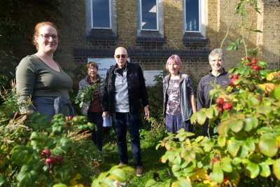 Wendy and her lovely IEB volunteers at St John's URC community garden. Copyright: Manal Massalha