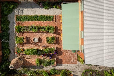 A bird's eye view of Hackney School of Food's building and kitchen garden. Copyright: Jim Stephenson
