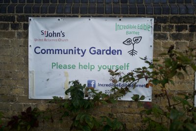 Welcoming signage at St John's URC Community Garden. Copyright: Manal Massalha