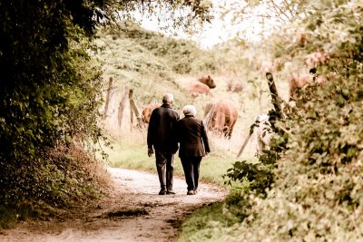 Retired couple walking through the farm. Credit: Pixabay
