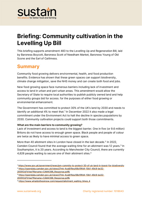 Sustain briefing on community cultivation – ahead of Lords debate on the Levelling Up Bill