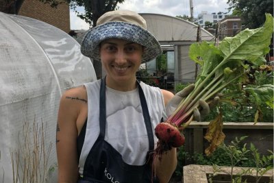 Volunteer Carolina de Barba is interested in composting and biodynamic agriculture. Credit: Calthorpe Community Garden