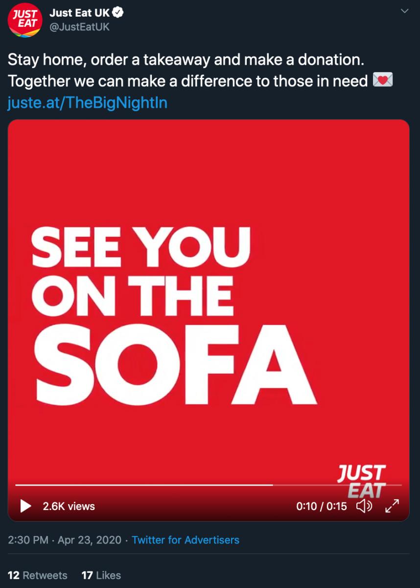Just Eat's Tweet positioning ordering a take-away as a charitable act. Credit: Sustain 2020