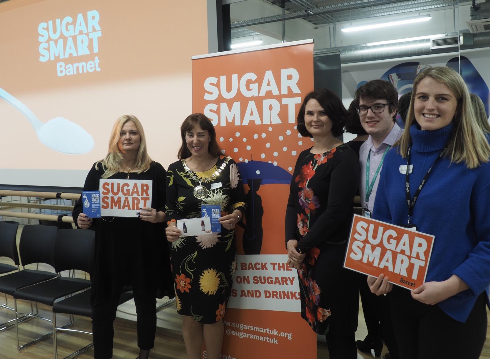 SUGAR SMART Barnet Launch Mayor Caroline Stock DpH Tamara Djuretic coordinator Rachel Hodge