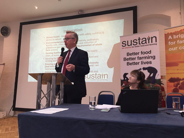 Defra Secretary Michael Gove speaking at a consultation event co-hosted by Sustain and Defra, 10 April 2018; with Sustain's Vicki Hird preparing to respond