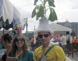 The mood of the Thames Festival was flamboyant and celebratory. The organisers gave out fancy-dress hats, including this one, which is a lampshade with a plant growing out of it!