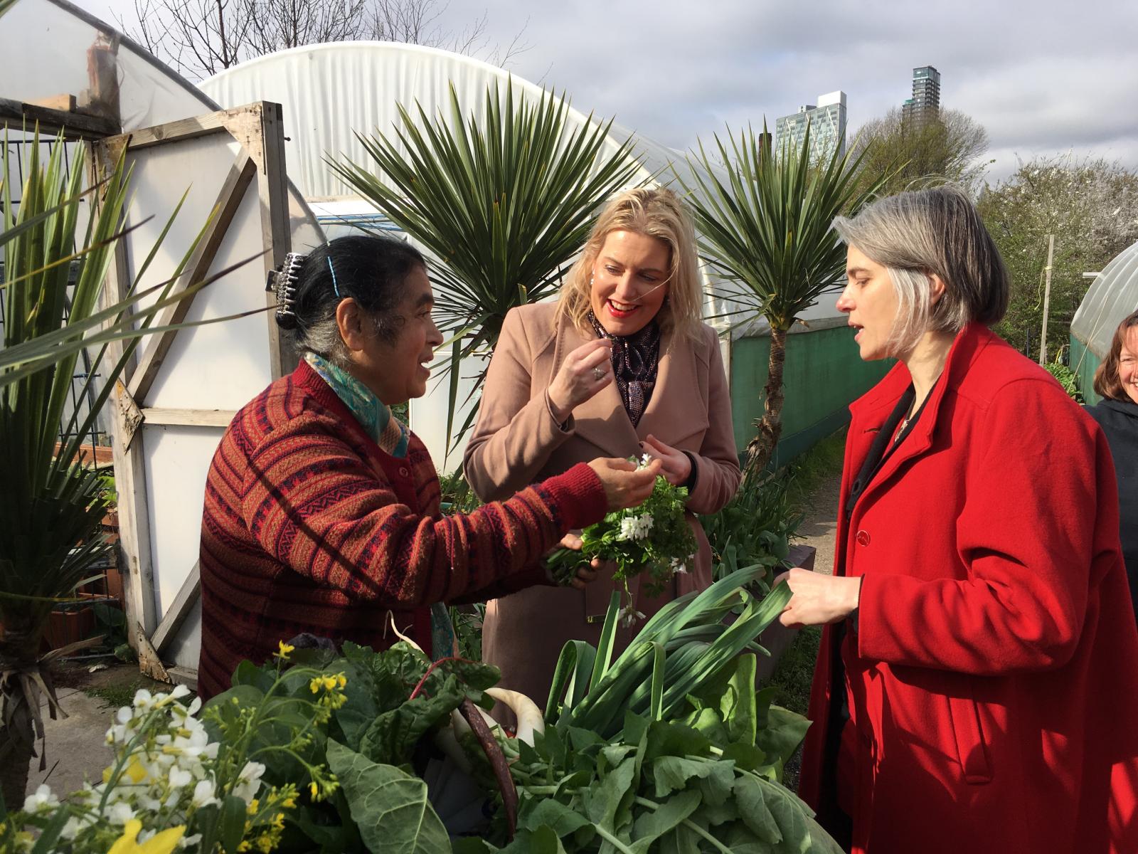 Mims Davies MP with Lutfun from Spitalfields City Farm and Anna Dixon, Chief Executive, Centre for Ageing Better