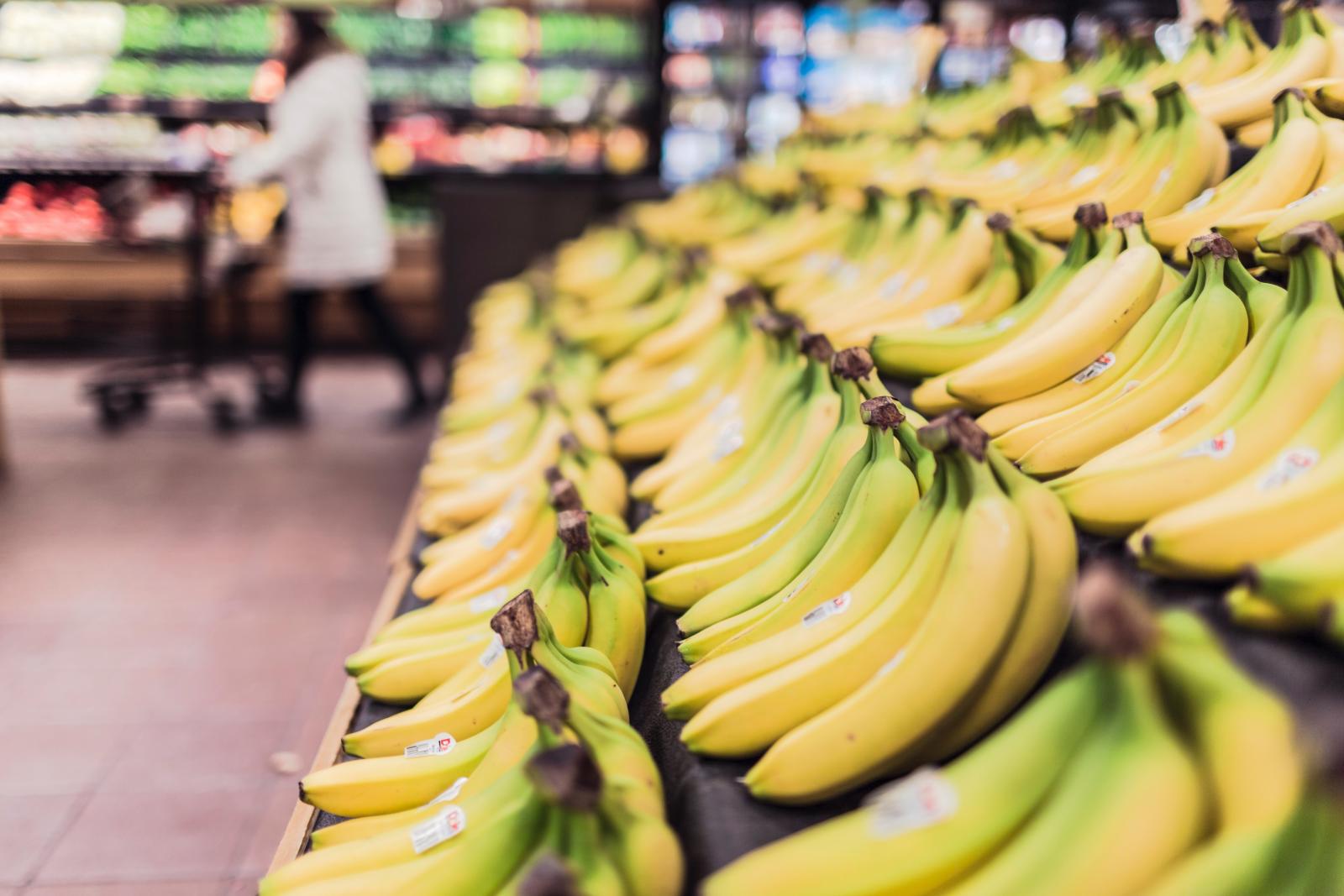 Bananas on shelves. Credit: Pexels