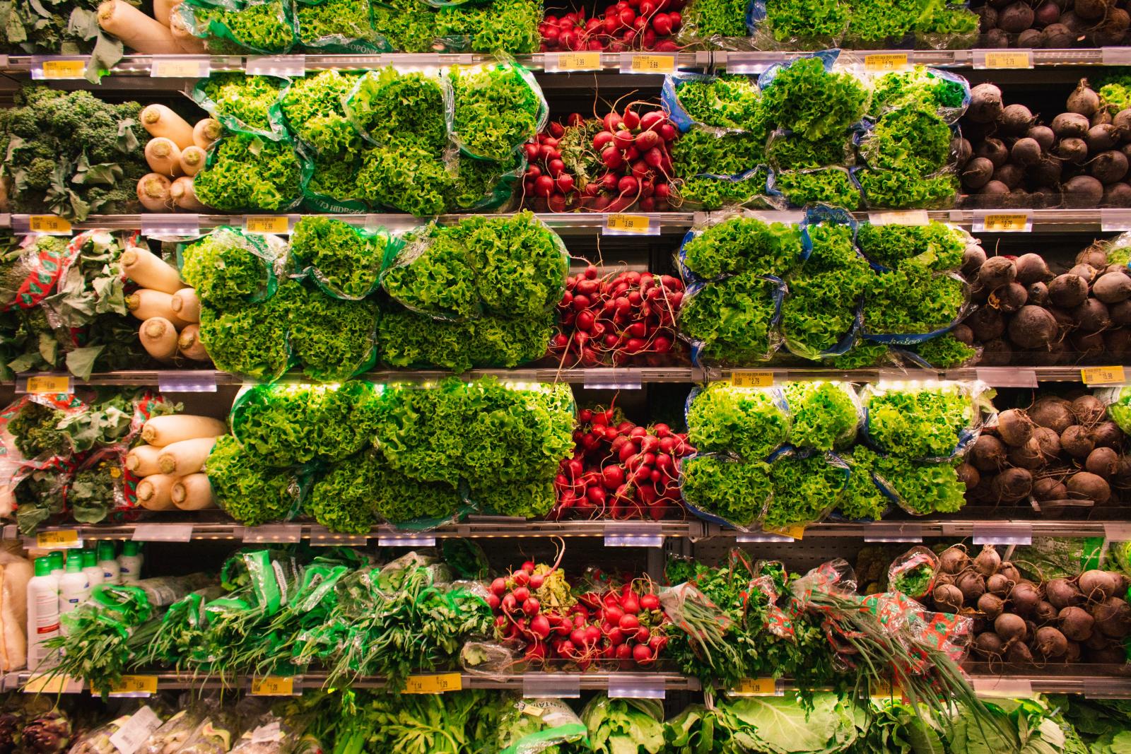 Vegetables on shelves. Photo credit: Pexels