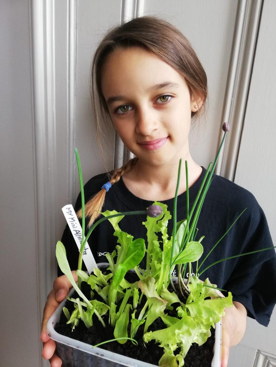 Credit: Weald Allotment. Picture shows Beba Watts-Emirali, aged ten, with a mini-allotment. Beba has been helping her mother out at the Weald allotment site during lockdown.