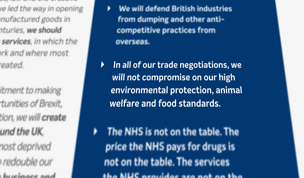 Conservative 2019 Manifesto pledge on trade and agri-food standards. Credit: The Conservative Party