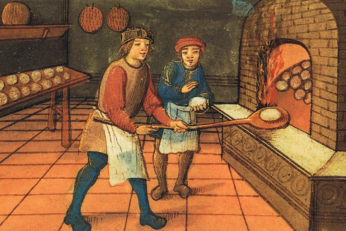 A medieval baker and apprentice. The Bodleian Library, Oxford. Public domain