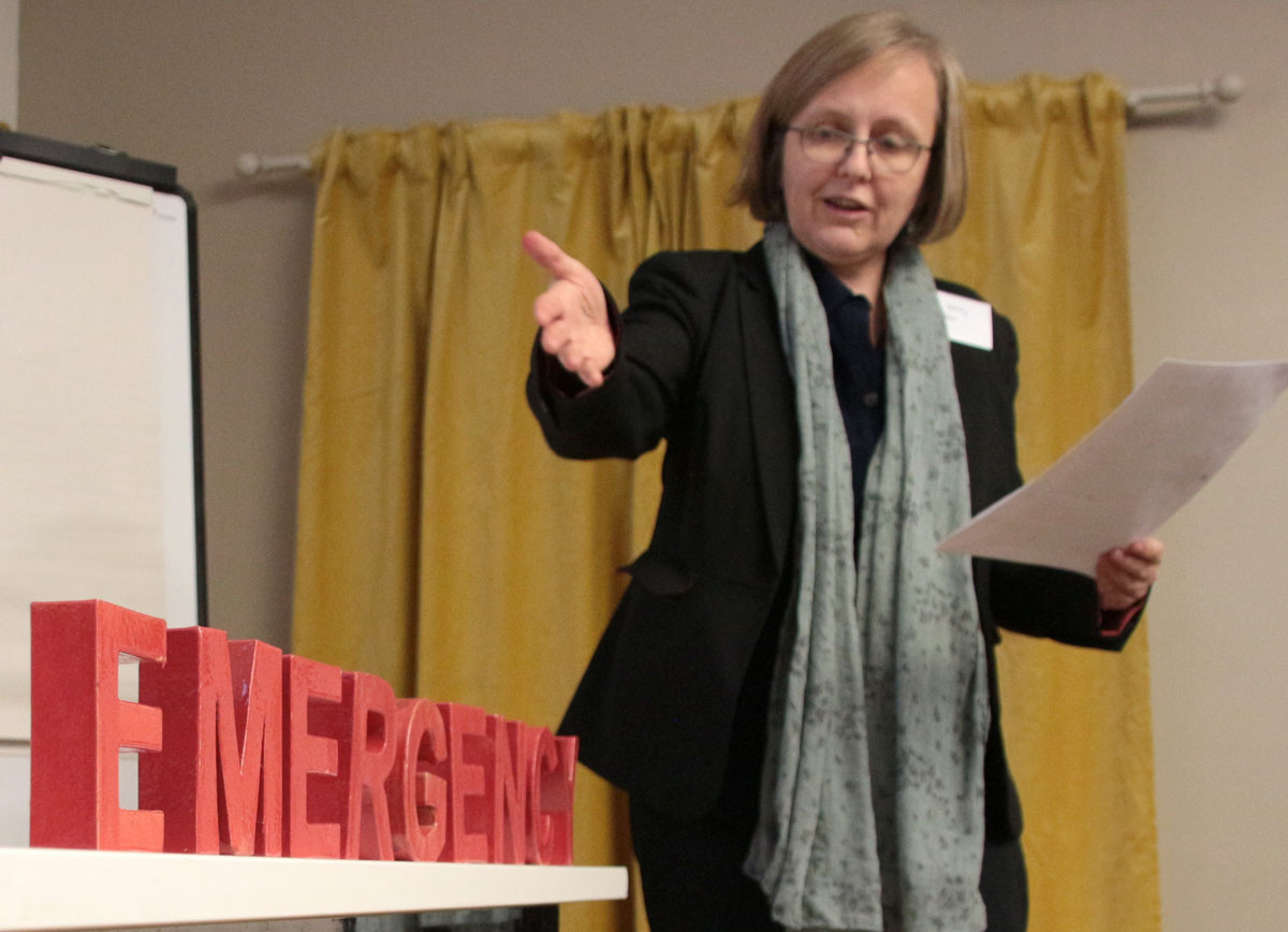 Sustain chief executive Kath Dalmeny brings the word EMERGENCY into the room at the Sustain AGM, December 2019. Photo credit: Chris Young