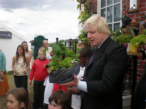 Boris Johnson (recently appointed Prime Minister) participating in Sustain's Capital Growth food growing event when he was Mayor of London